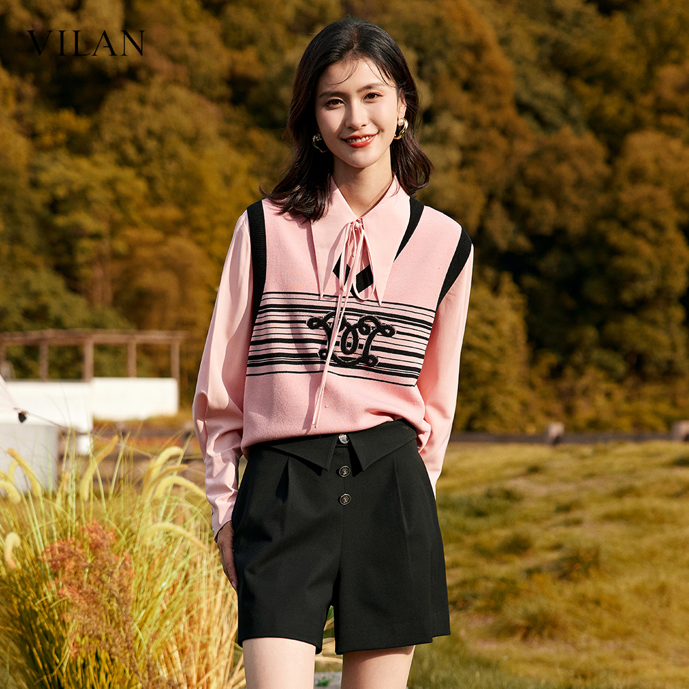 vilan/慧兰衬衫女秋季新款时尚气质甜美翻领长袖纯色休闲衬衣