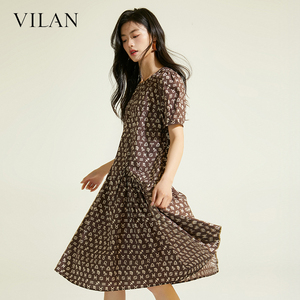 vilan/慧兰商场同款女士短袖连衣裙2025新款气质显瘦印花棉长裙子