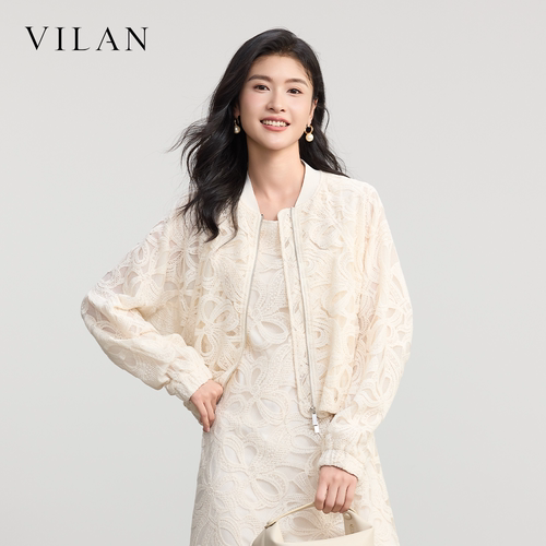 vilan慧兰镂空蕾丝棒球外套立领拉链宽松短款温柔风休闲夹克上衣