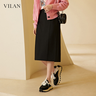 vilan/慧兰半身裙女褶皱通勤长裙2024秋季新款开叉修身气质小黑裙