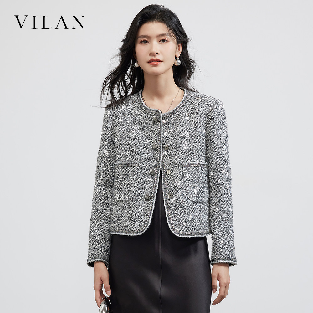 vilan/慧兰2026 春款小香风短外套女亮片粗花呢气质名媛圆领上衣