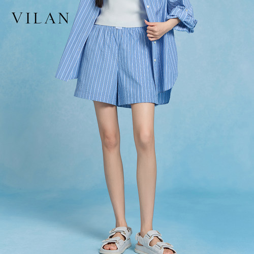 vilan 慧兰条纹休闲短裤女 2026夏季新款松紧腰显瘦百搭A字阔腿裤