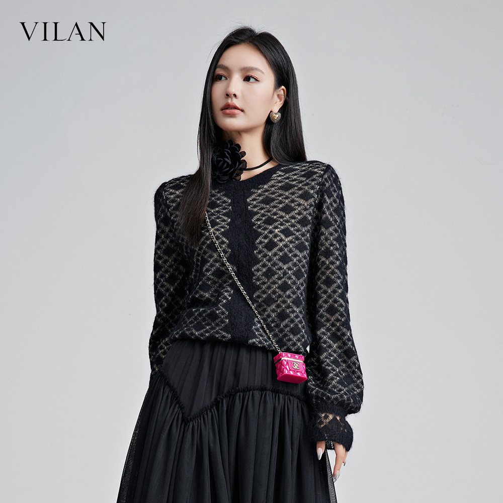 VILAN慧兰菱格开衫毛衣女外搭