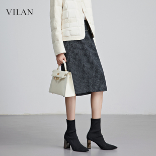 中长款 设计感直筒裙子 慧兰轻奢小香风毛呢半身裙女2025新款 vilan