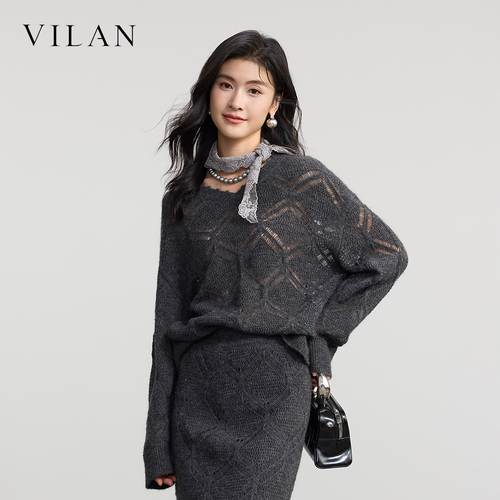 vilan 菱格镂空针织衫女秋季新款宽松落肩长袖套头慵懒风通勤毛衣