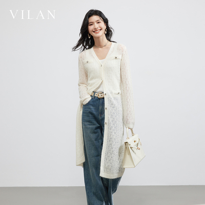 vilan慧兰专柜款长款V领镂空针织开衫女2026新款温柔气质显瘦外搭
