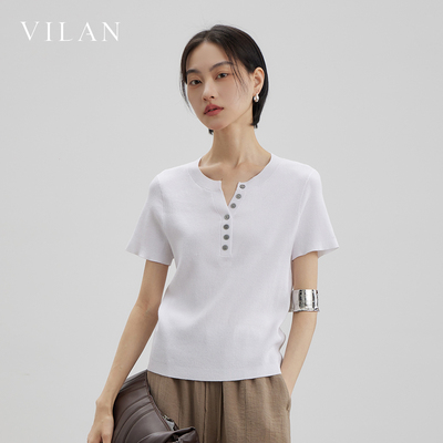 vilan/慧兰打底针织短袖夏季轻奢风时尚简约短款纯色百搭休闲