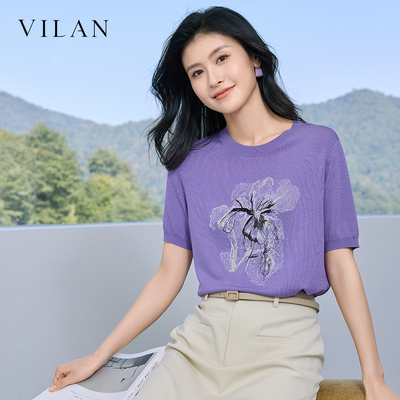 vilan 慧兰 2026 夏季新款紫色针织衫女印花短袖 T 恤温柔风上衣