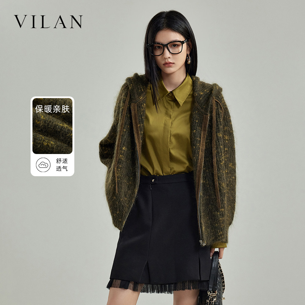 vilan/慧兰轻奢气场强大女装马海毛针织开衫2025新款拉链羊毛外套