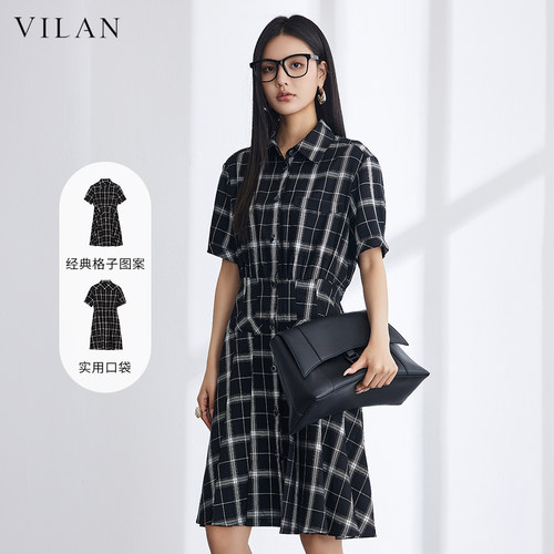 vilan/慧兰连衣裙女2025夏季新款时尚通勤显瘦千鸟格短袖中裙子