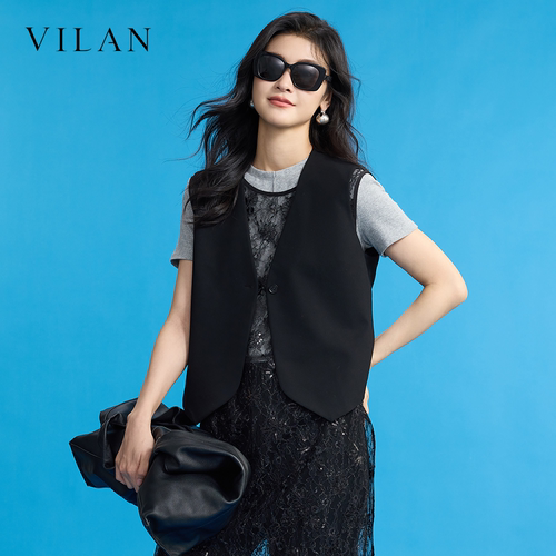 vilan慧兰黑色V领西装马甲女秋季单扣短款无袖外搭简约通勤背心