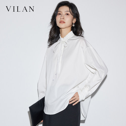 vilan慧兰2026春温柔风木耳边立领衬衫女系带宽松中长款通勤上衣