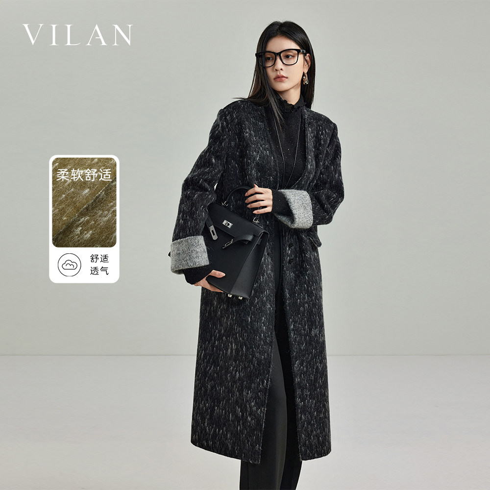 vilan/慧兰毛呢外套女2025冬季新款时尚高端慵懒长款绵羊毛外套