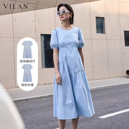 vilan/慧兰连衣裙女2025夏季新款时尚通勤显瘦高腰圆通短袖中长裙