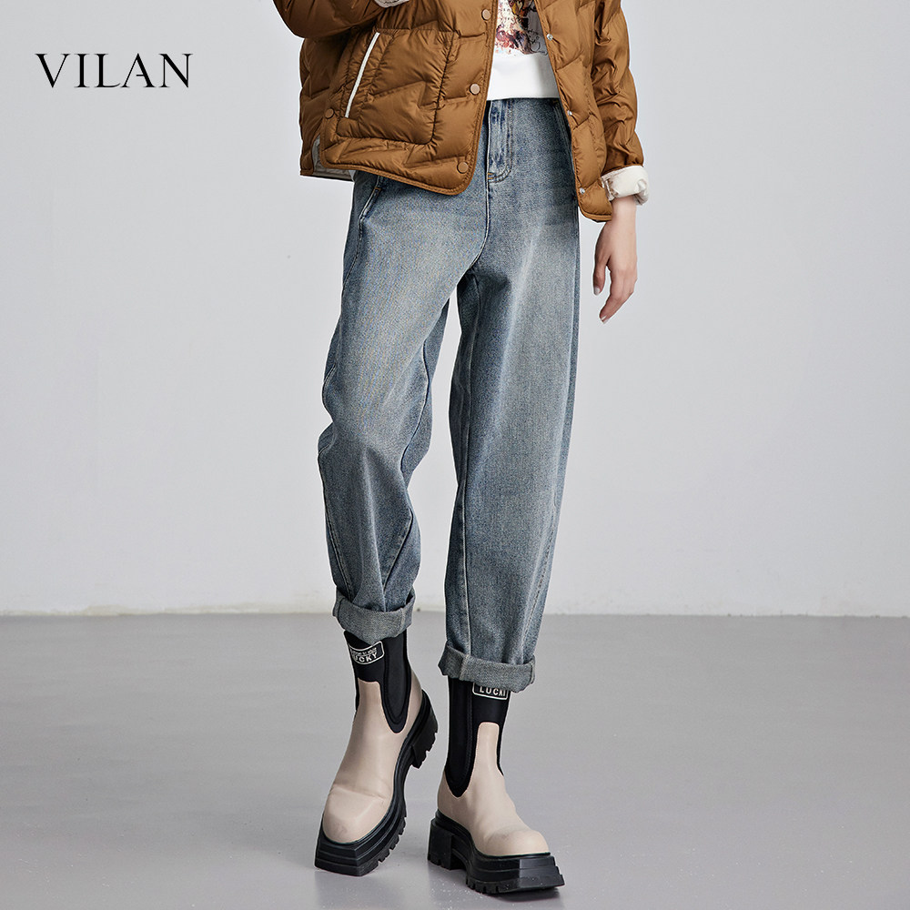 vilan/慧兰束脚牛仔裤女高腰微喇休闲裤2025新款工装阔腿裤子