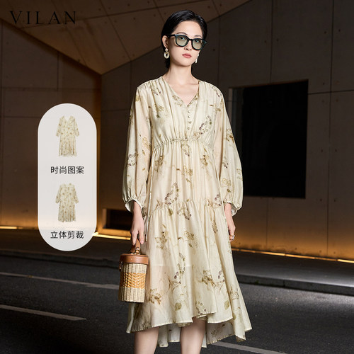 海边度假风碎花真丝连衣裙女