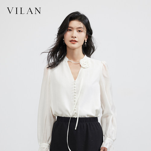 vilan慧兰奶油白飘带衬衫女法式优雅珍珠扣荷叶边长袖职场雪纺衣