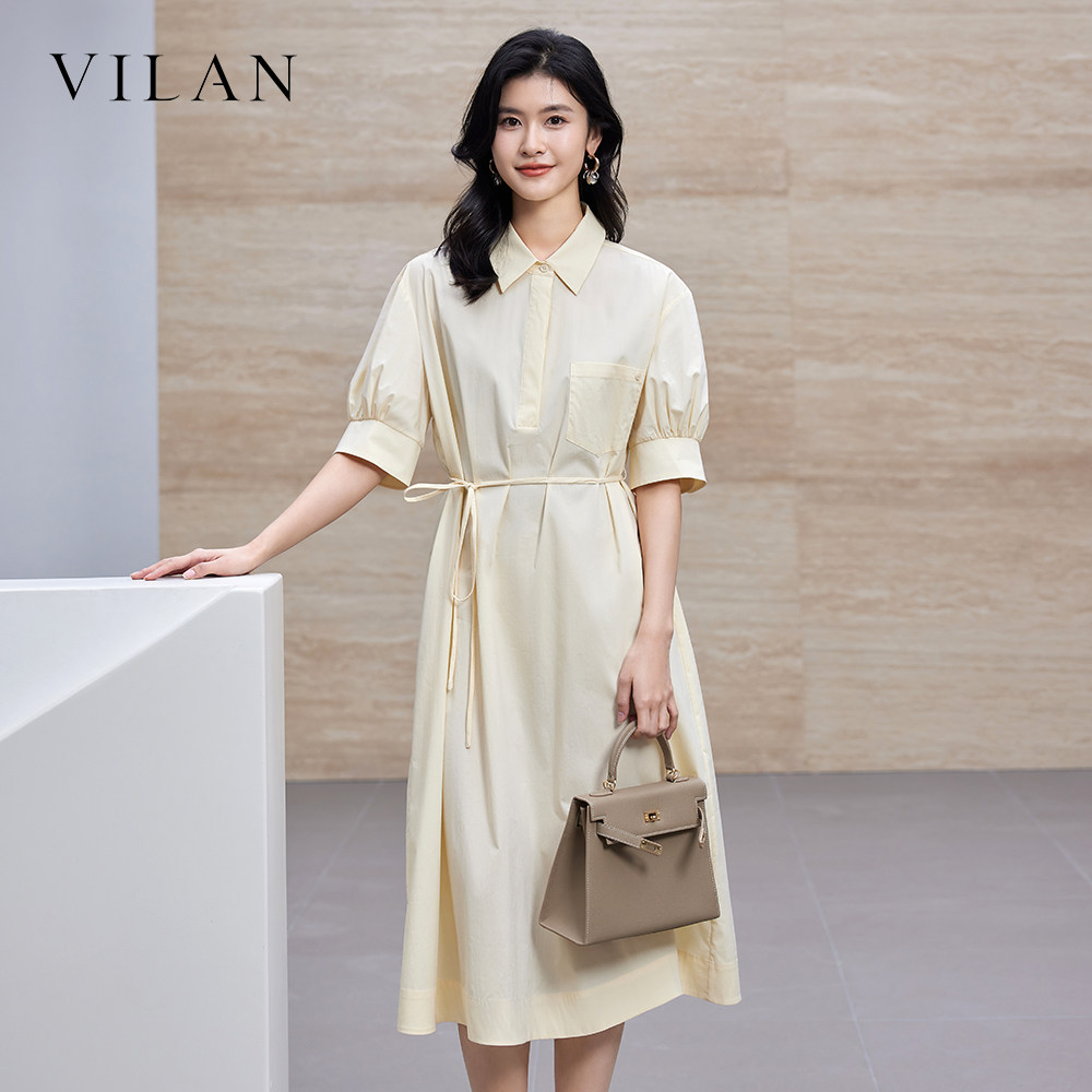 vilan/慧兰法式收腰泡泡袖连衣裙女2026春季新款通勤气质衬衫长裙