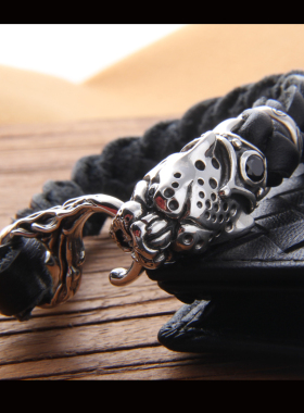 真皮手链机车风格潮男朋克设计豹子头粗旷个性正品925银饰 时尚