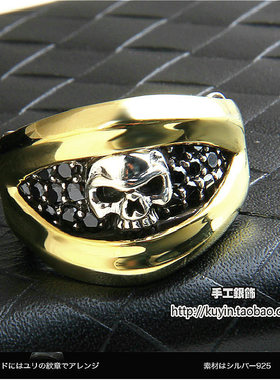 复古钯金骷髅镶嵌黑玛瑙百搭戒指