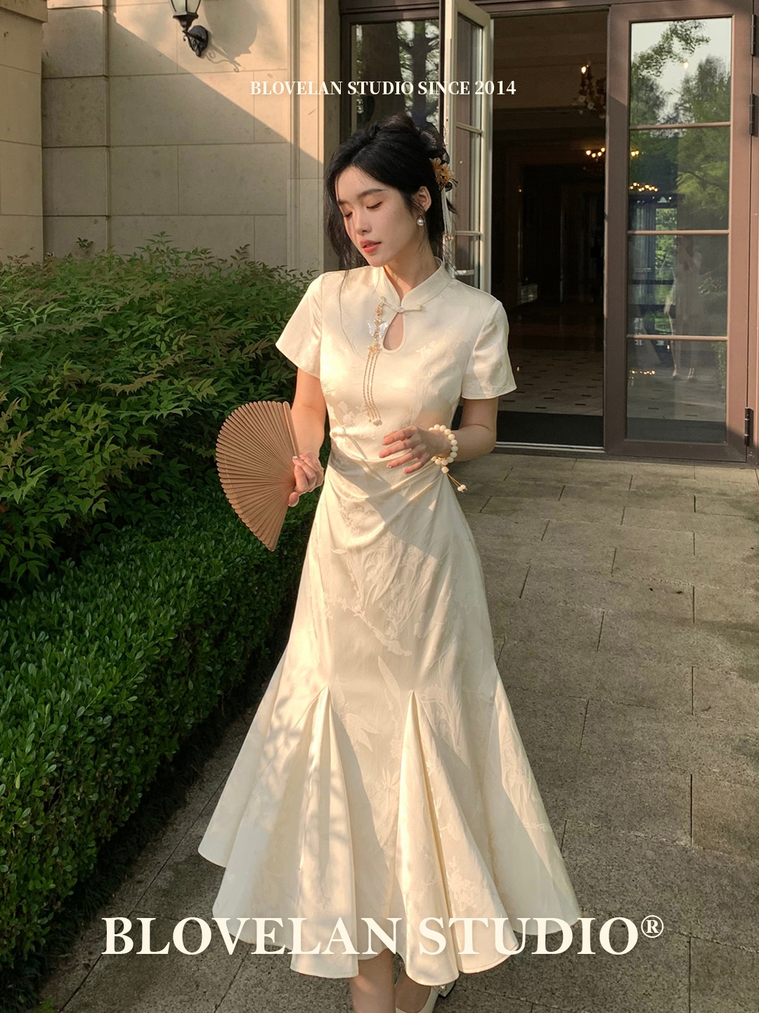 BLOVELAN 달빛 꽃 그림자 우아한 롱 드레스 여성을위한 새로운 중국어 자카드 CHEONGSAM FISHTAIL 스커트 중국 스타일 드레스