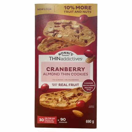 2盒9.5折加拿大THINaddictives蔓越莓杏仁曲奇饼干香脆酥薄饼690g