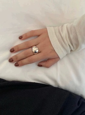 银色光面戒指女纯银亮银色椭圆重工开口指环面包戒指