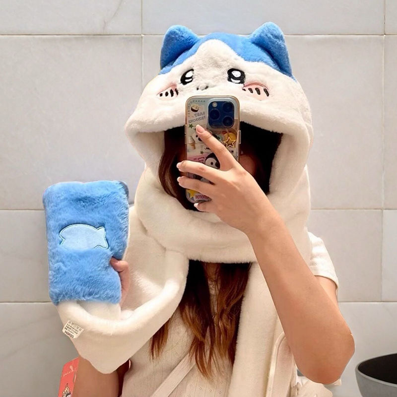 小红书同款小八吉伊围巾乌萨奇帽子冬季手套一体加绒加厚三合一