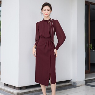 高级感通勤气质连衣裙春夏新款收腰飘带领长袖包臀裙正式场合裙子