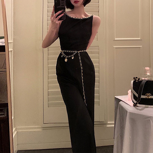 高腰长裤无袖腰链连体裤