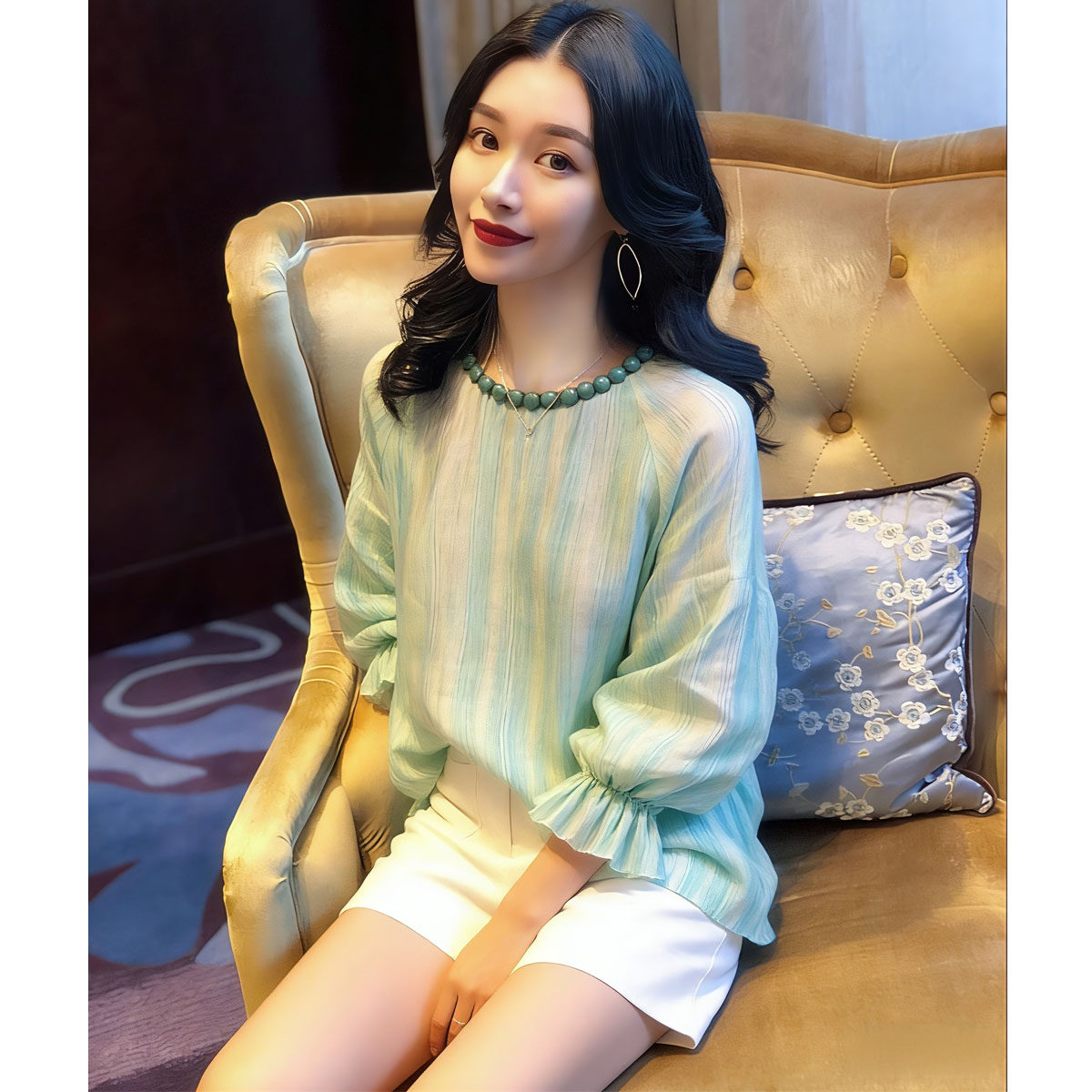 法式设计感小众上衣女夏手工钉珠显白衬衣绿松石项圈亚麻长袖衬衫
