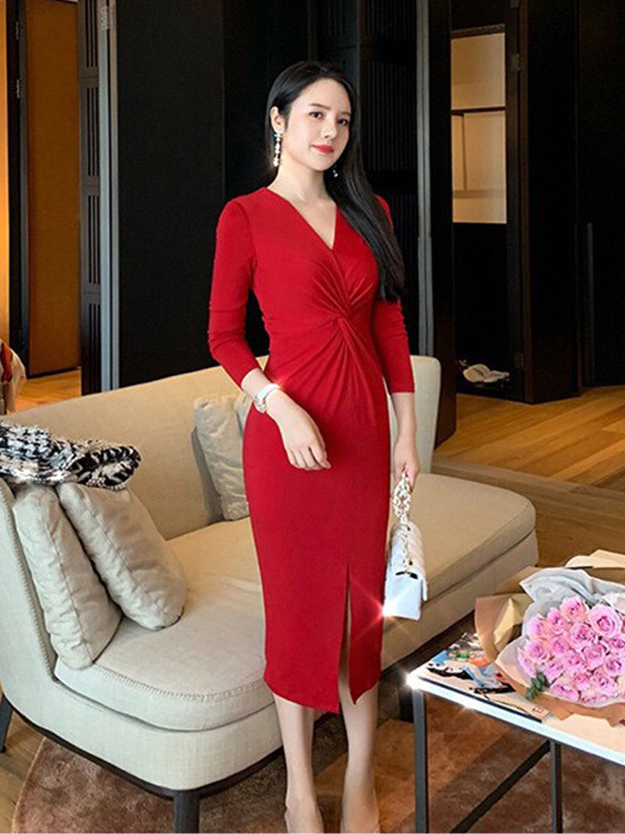 法式修身打底裙女秋冬V领连衣裙