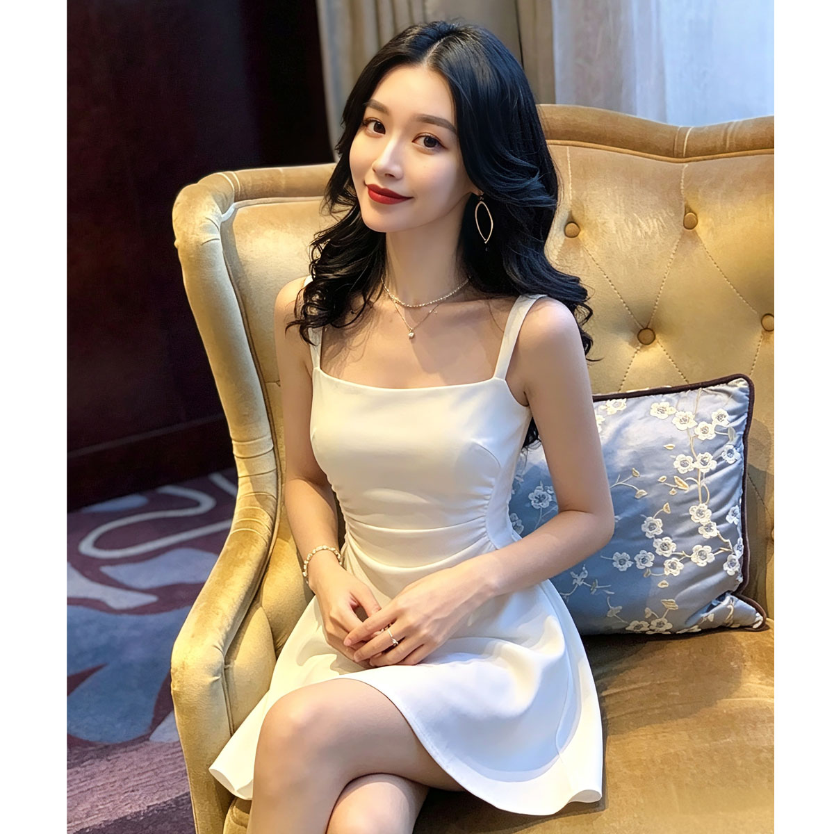 法式方领收腰气质吊带连衣裙女夏