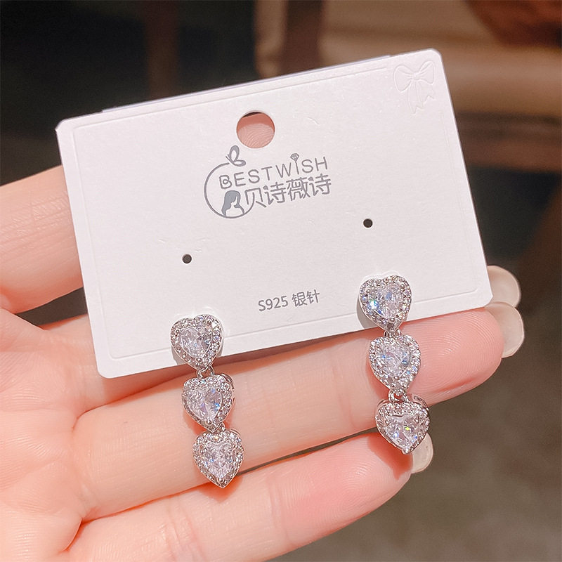 韩版精致满钻爱心流苏小清新耳环 轻奢显瘦流苏桃心甜美耳钉耳环