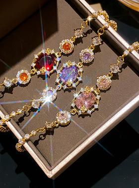 18K真金电镀彩色椭圆锆石抽拉式手链轻奢高级感手环精致优雅手饰