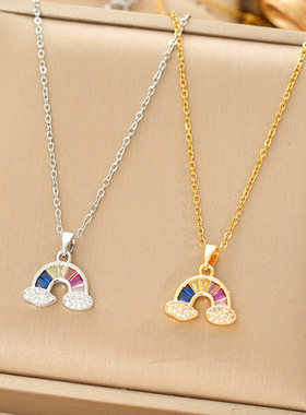 项链女网红七彩甜美彩虹云朵轻奢风颈链吊坠小众设计感钛钢项链