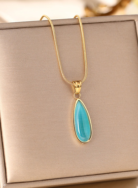 跨境钛钢复古蓝色海洋之心吊坠项链女个性小众设计锁骨链毛衣链