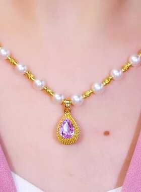 高级感紫色水滴珍珠锁骨链项链女短款设计感网红百搭配饰2026新款