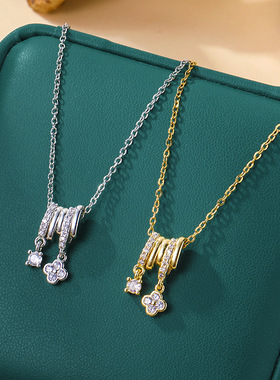 跨境新款微镶闪闪四叶草吊坠钛钢项链女气质轻奢时尚风颈链不掉色