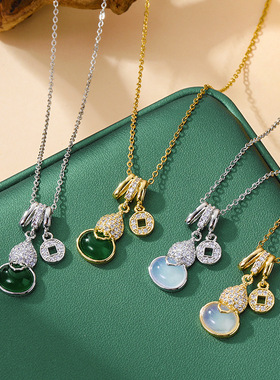 新款中国风热卖铜币仿玉髓流苏葫芦钛钢项链女微镶锆石锁骨链饰品