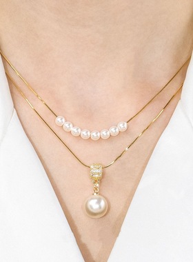 新款气质百搭双层珍珠锁骨链网红轻奢配饰品简约项链跨境摆摊吊坠