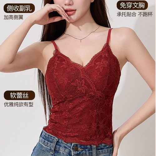 厂家直销跨境爆款性感蕾丝花边吊带背心带胸垫免穿文胸外穿美背女