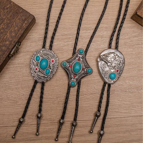 1pcs复古bolo tie领绳西部牛仔风老鹰天然松石波洛皮绳项链