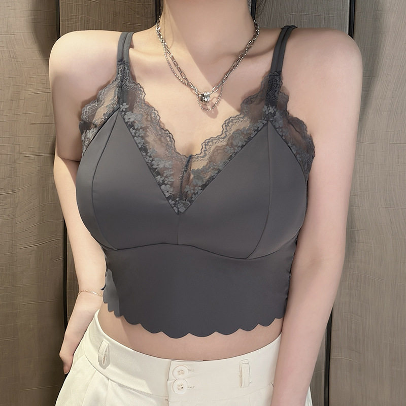 春夏新款冰丝美背裹胸法式蕾丝背心自带胸垫无痕打底吊带大码内衣