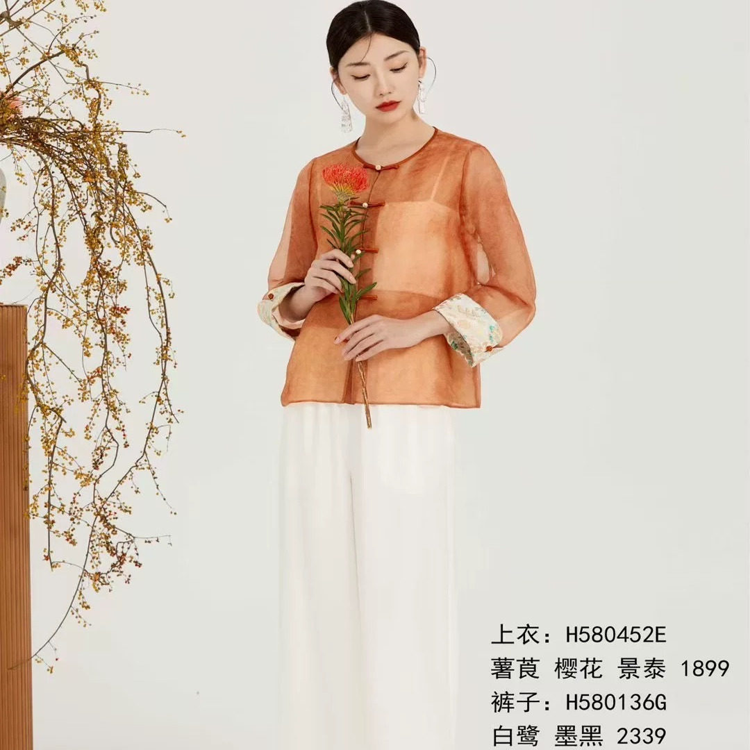 欧根纱上衣女短款圆领对襟文艺