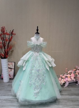 女童礼服蓝色重工花神蓬松蛋糕裙摆立体花朵装饰仙气满满