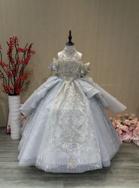 女童礼服蓝色重工花神蓬松蛋糕裙摆立体花朵装饰仙气满满