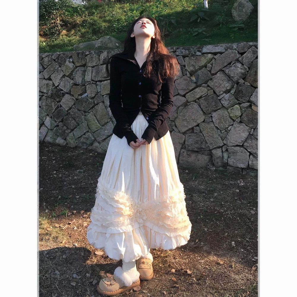 重工拼接褶皱木耳边蛋糕裙高腰中长裙女