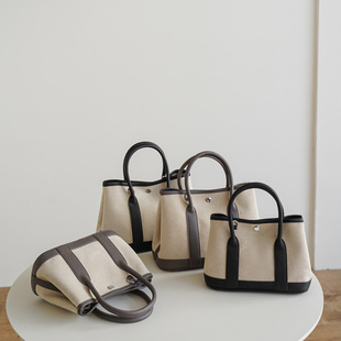 帆布拼皮花园包手提托特包女2025新款 高级感大容量通勤单肩斜挎包