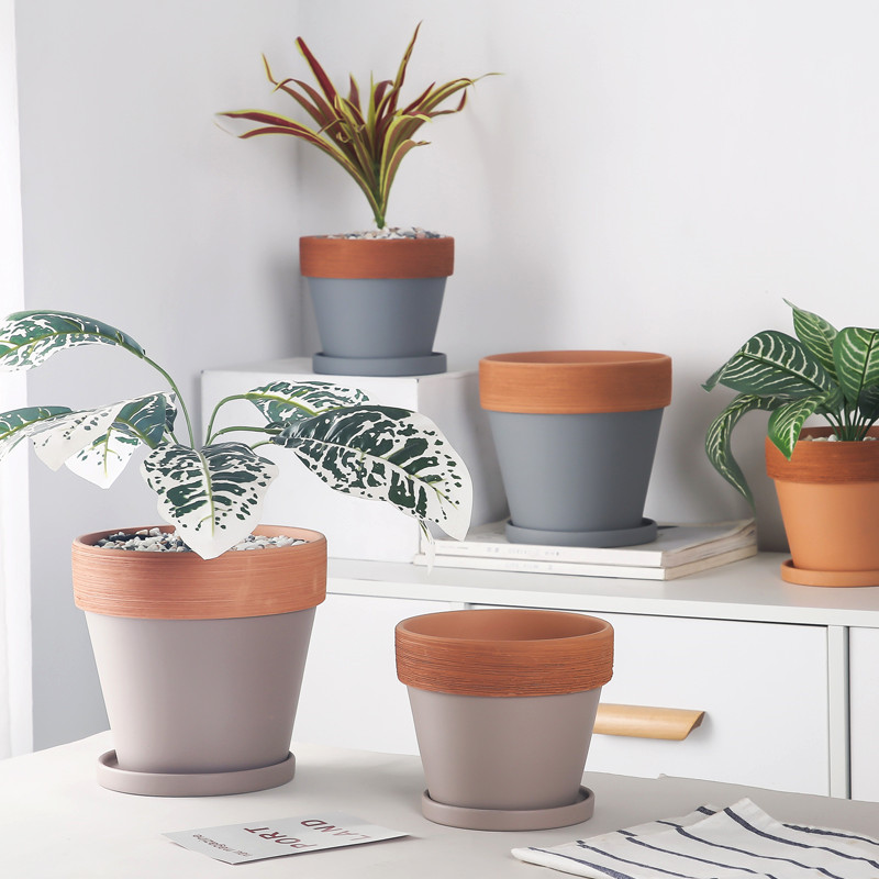 红陶花盆圆口拉丝工艺陶土盆包邮